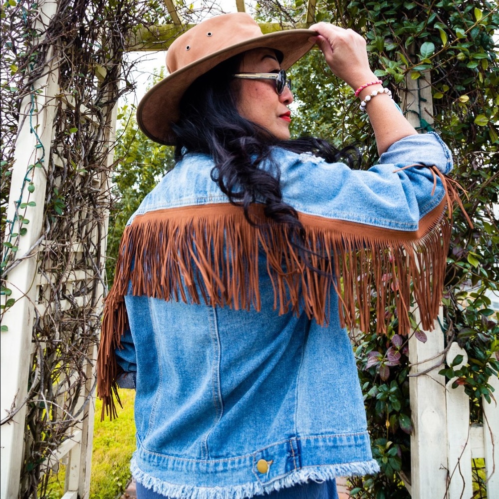 Distressed Denim Jacket with Brown Suede Fringe
